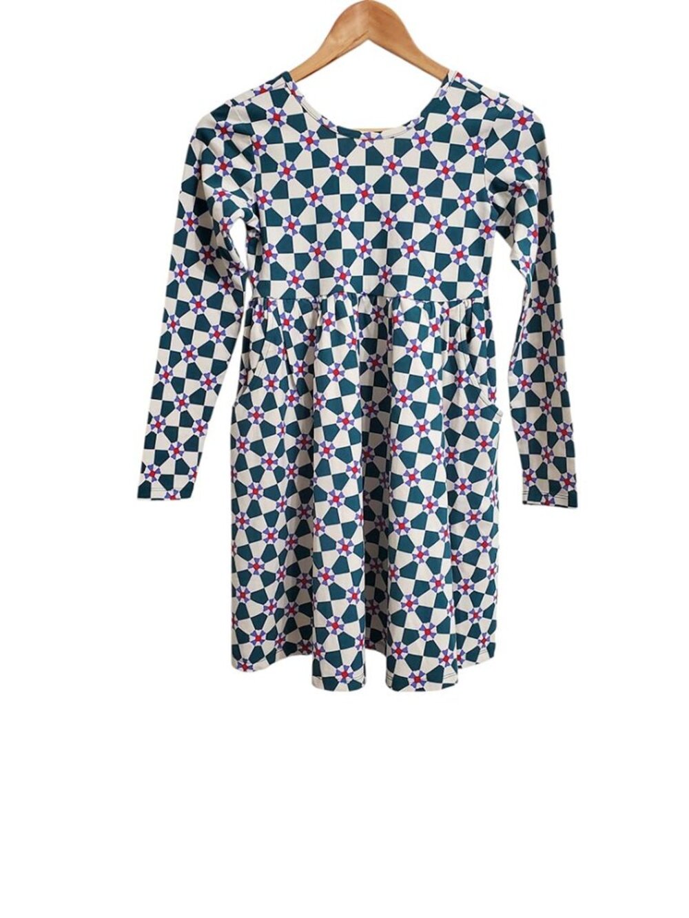 Hanna Andersson Girls Skater Dress 10 Long Sleeve Pockets Geometric Print Cotton